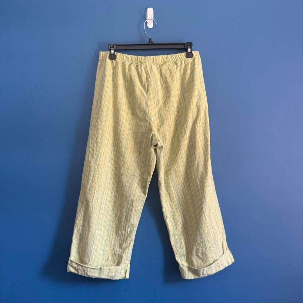 Y2K Linen Blend Pants Women's Size Small Hot Cotton Striped Green Yellow Cropped - Picture 6 of 8